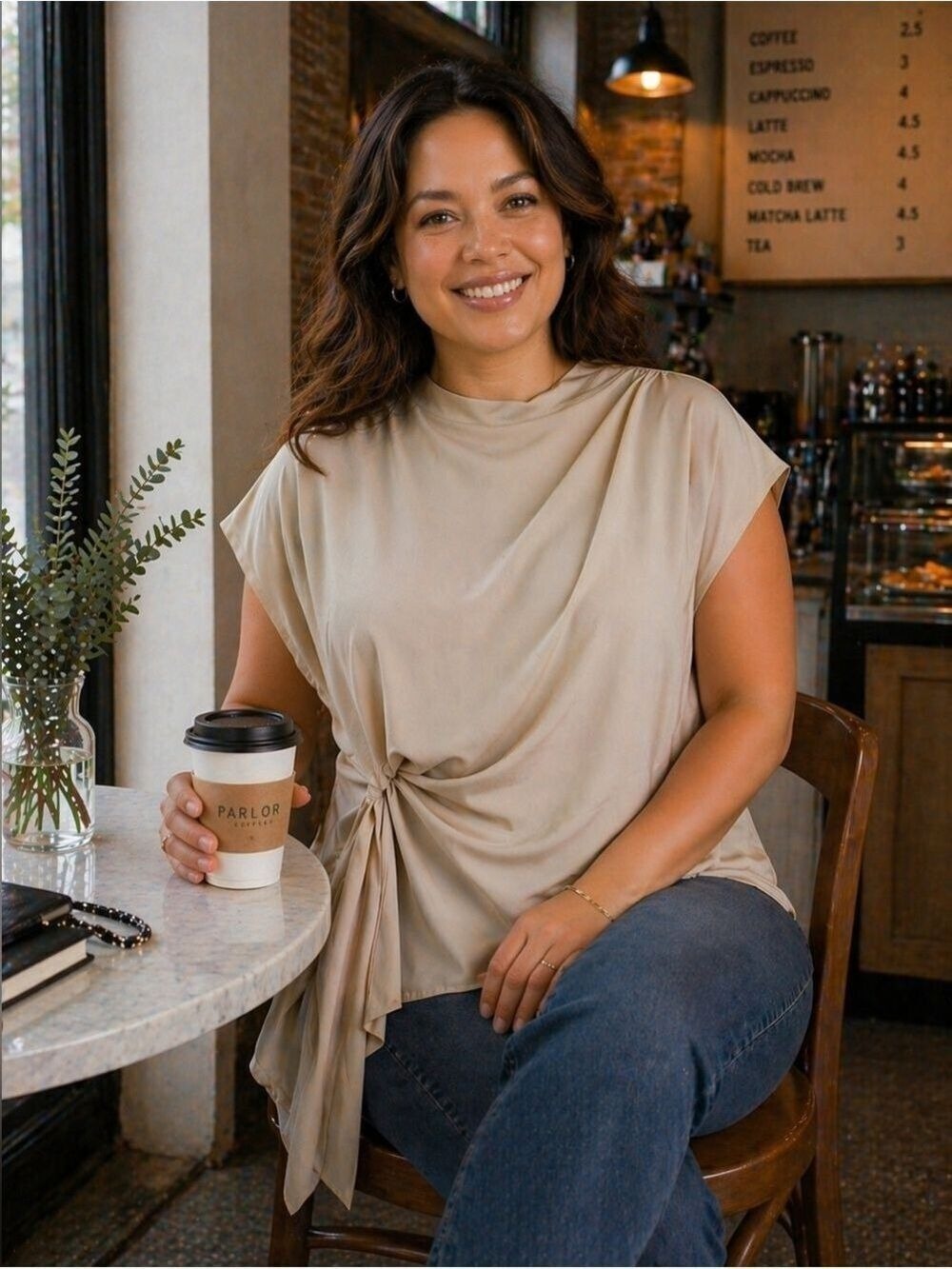 Neutral Draped Tie Top 1X Minimal Chic Office Blouse